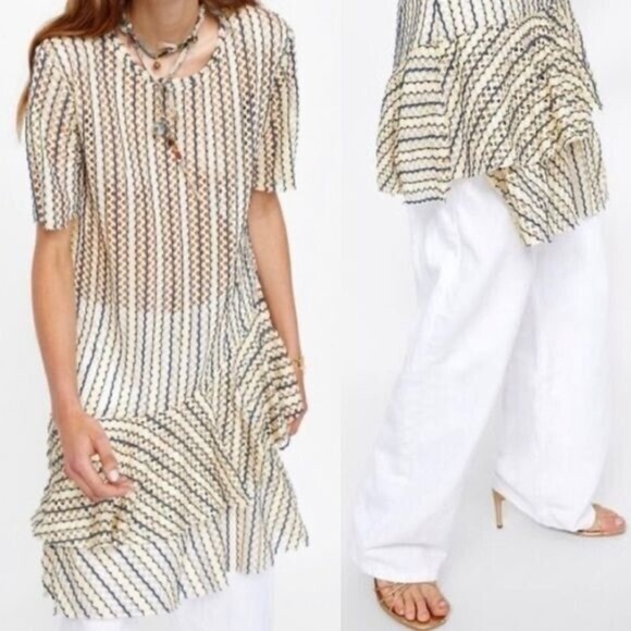 Zara Dress Womens Medium W B Collection Blue Tan Striped Ruffle Short sleeve - Picture 1 of 5